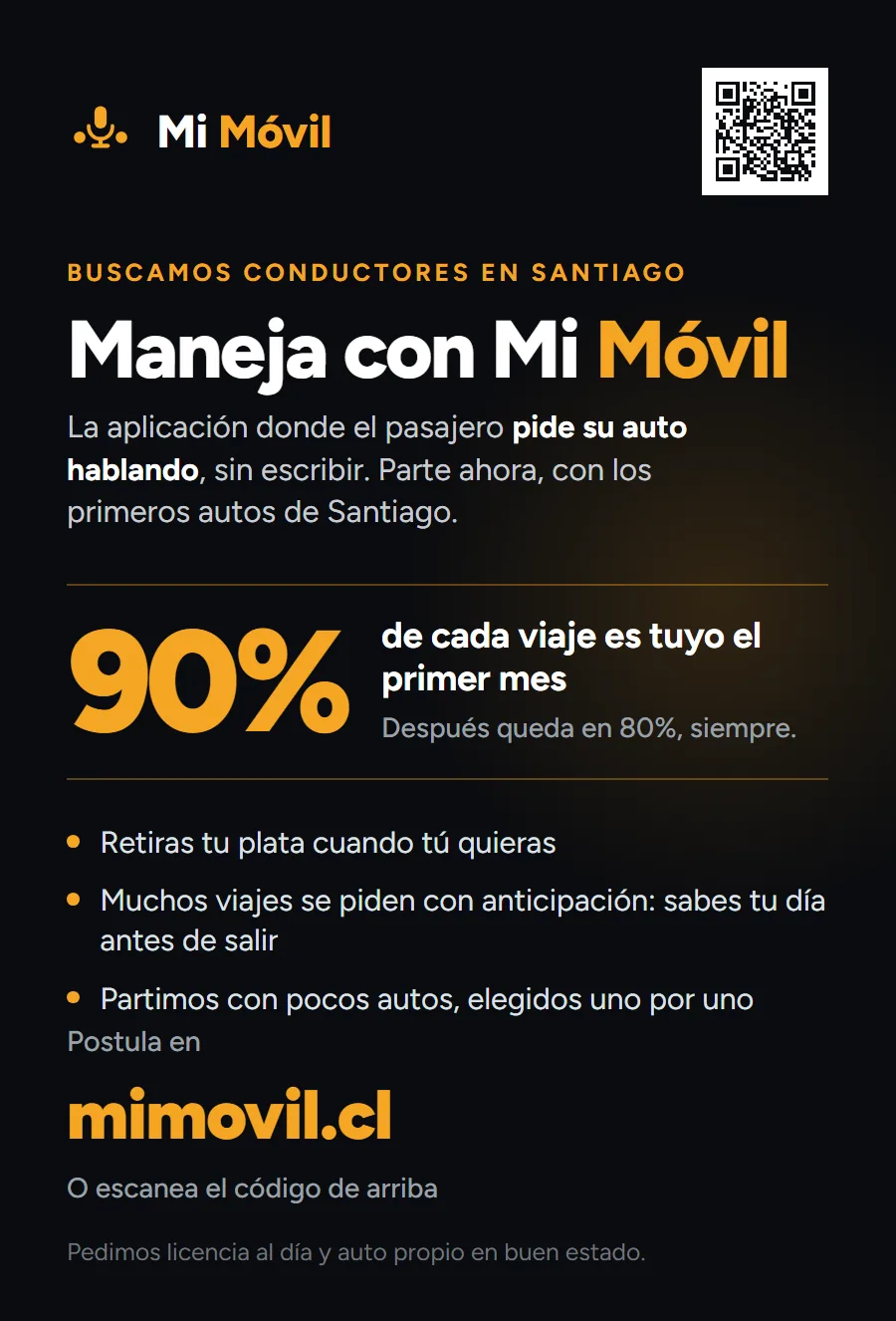 Flyer 10x15 de Mi Móvil para captar conductores: fondo negro y ámbar, el título «Maneja con Mi Móvil», los beneficios para el conductor y un código QR