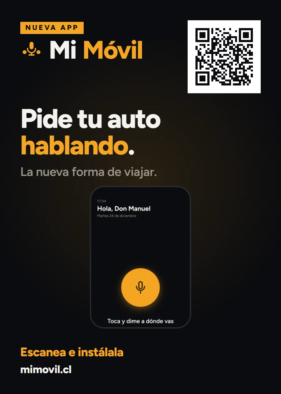 Flyer A5 de Mi Móvil para pasajeros: fondo negro y ámbar, el título «Pide tu auto hablando», una pantalla de la aplicación con un botón de micrófono y un código QR