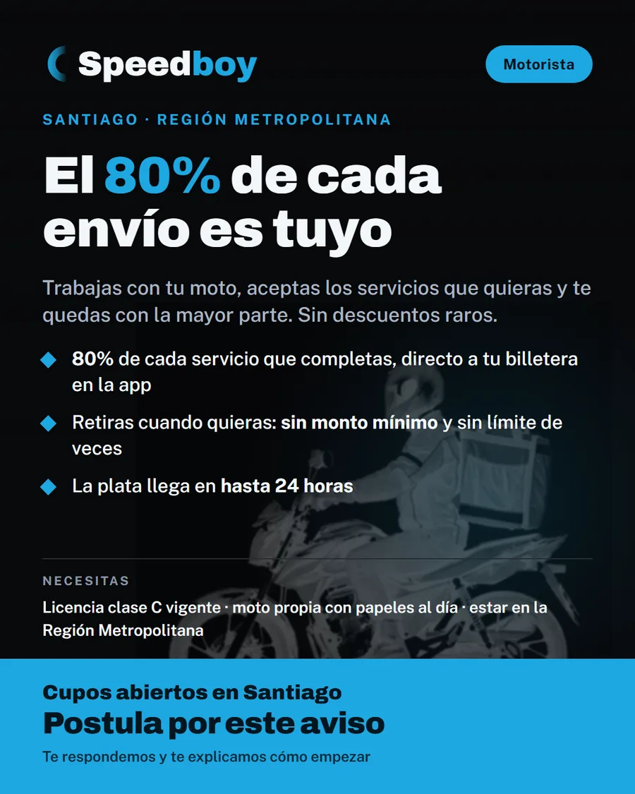 Aviso vertical de Speedboy para captar motoristas: fondo oscuro con la foto de un motorista, el título «El 80% de cada envío es tuyo», tres beneficios y una franja azul al pie