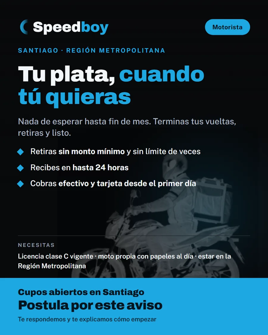 Segundo aviso de Speedboy para motoristas, con el título «Tu plata, cuando tú quieras», tres beneficios y la misma franja azul al pie